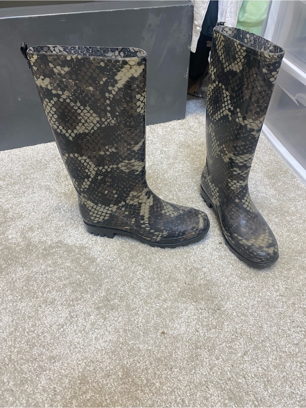 Capelli Snake-Print Tall Rain Boots in Black and Tan